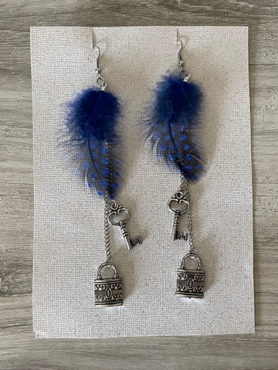 Jewelry - Blue Feather Antique Lock and Key Earrings